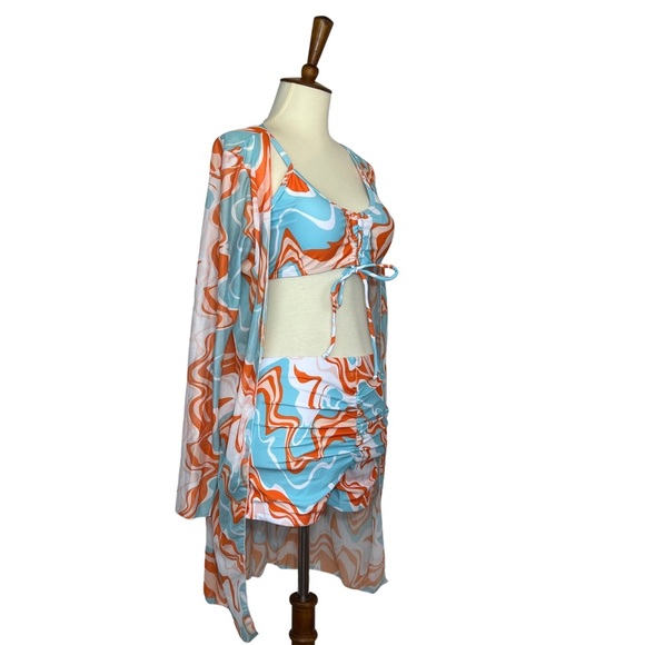 Retro 3 Pcs Set Orange Blue White Psychedelic Bikini & Coverup - Picture 9 of 15